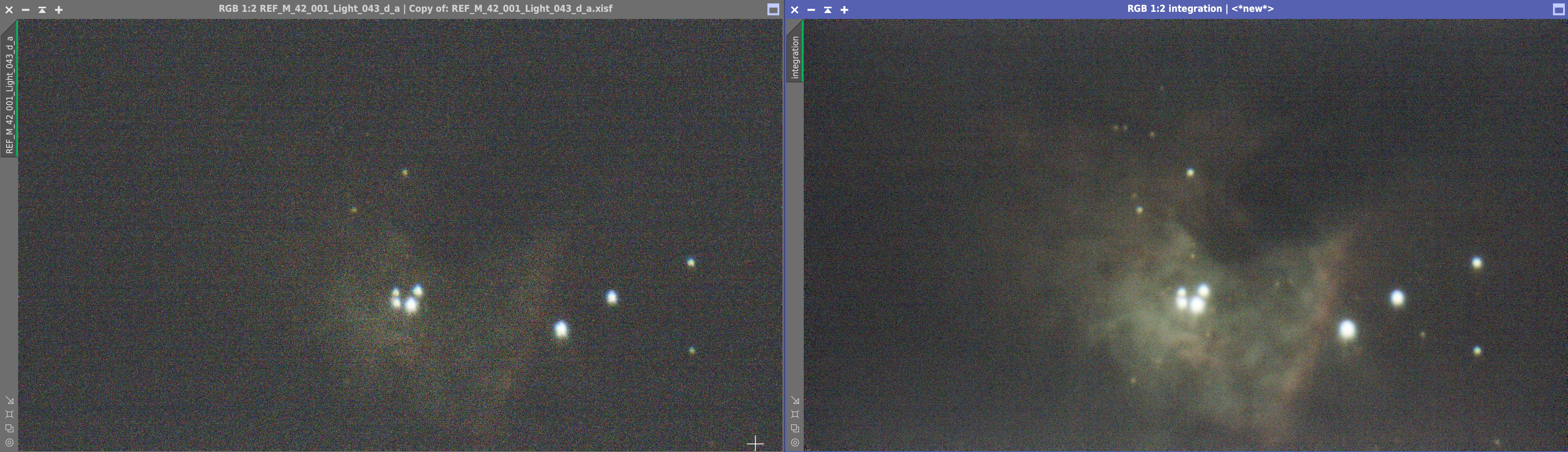 M42: Links Einzelaufnahme unbearbeitet, rechts 40 Einzelaufnahmen gestackt ohne weitere Nachbearbeitungen
