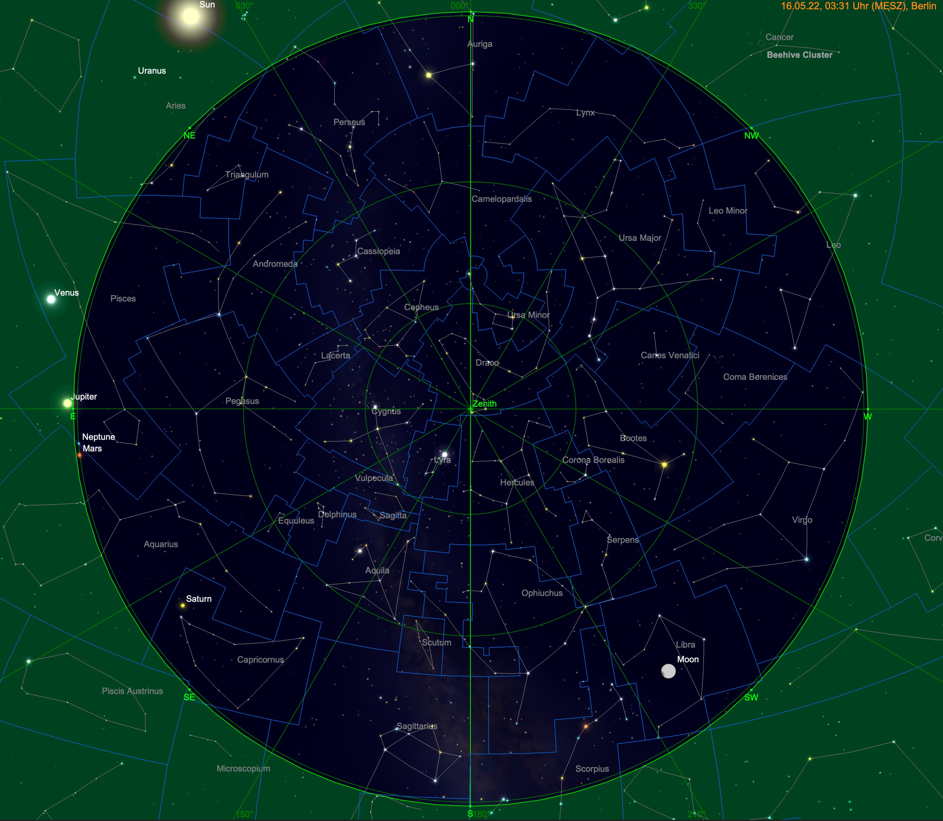 Mondstellung am Himmel zum Beginn der Finsternis um 03:31 Uhr